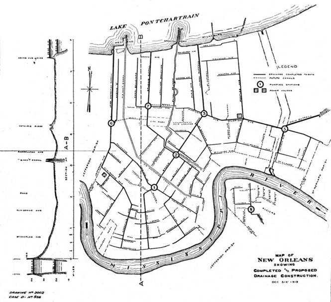 A 1913 map of the New Orleans drainage system, drawn across a parish the city already entirely occupied. Orleans Parish and New Orleans cover the same ground.