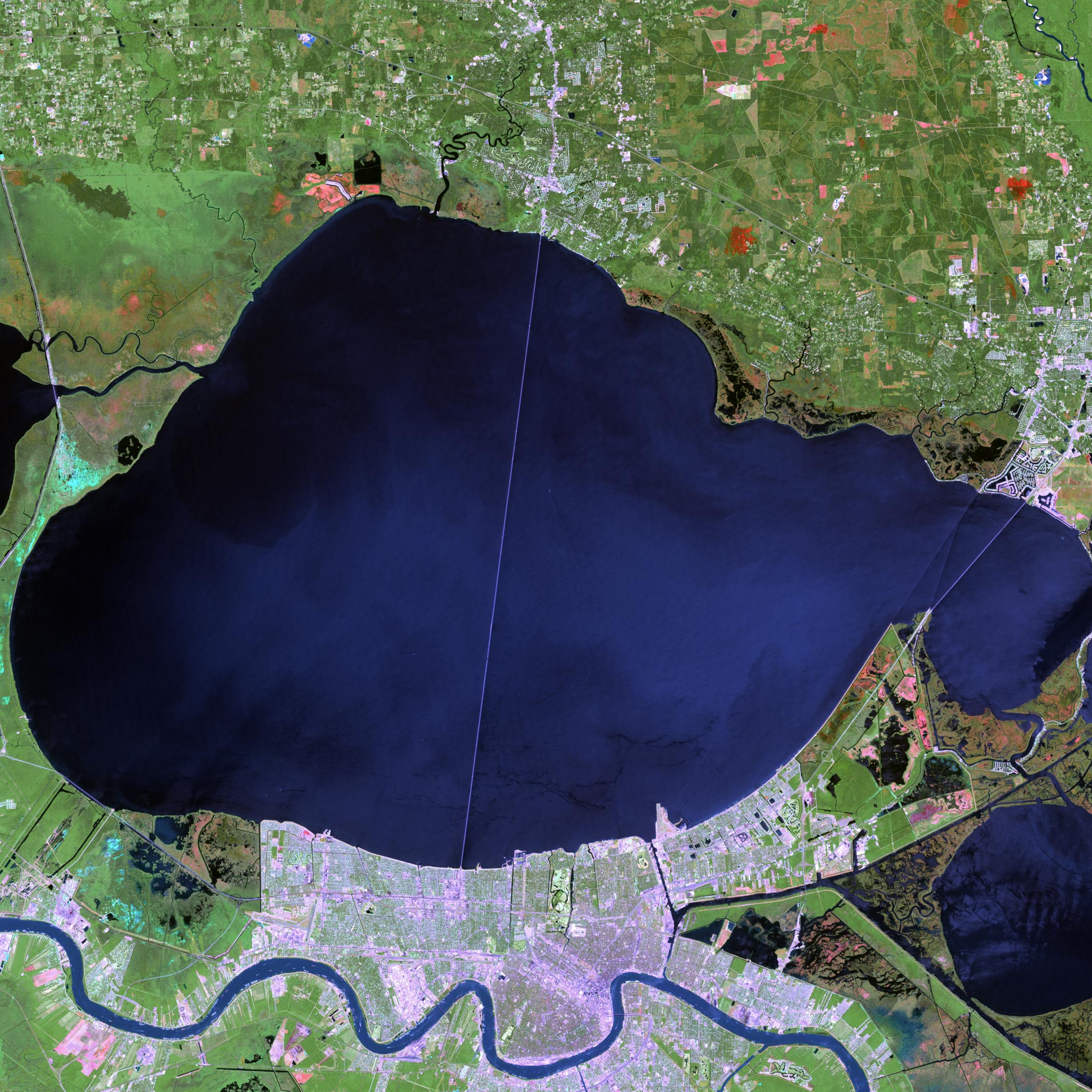 Lake Pontchartrain and New Orleans from space. The hurricane center forecasts 1 to 3 feet of storm surge on the lake as Isaias passes to the east.
