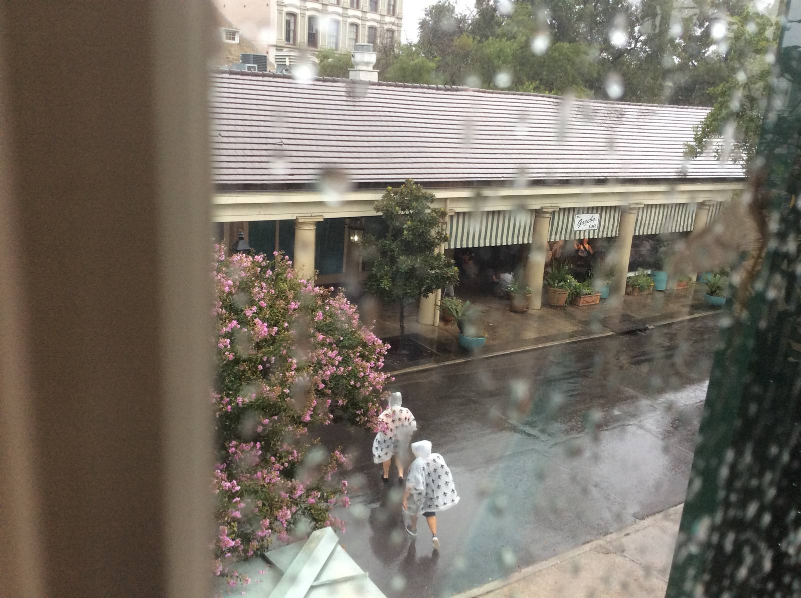 Two visitors in fleur-de-lis ponchos cross the French Market in the rain. South Louisiana has been in drought, but this weekend the water arrives all at once.