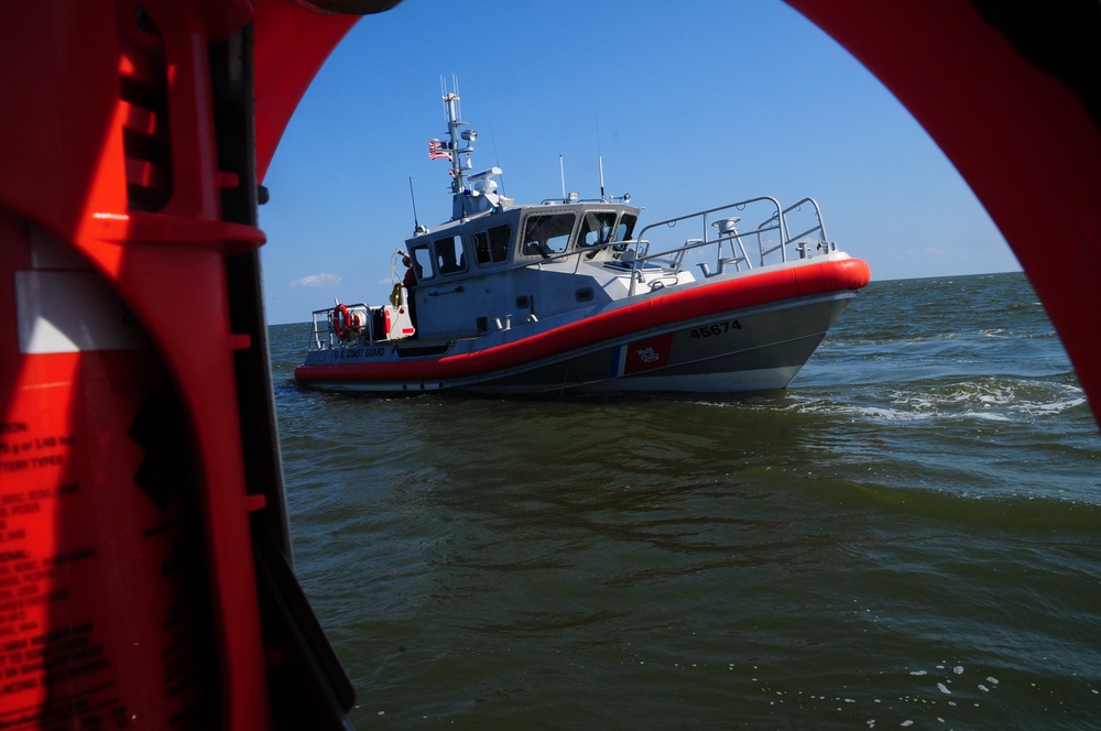 A Coast Guard Station Grand Isle 45-foot Response Boat-Medium, hull 45674, during search and rescue training on Barataria Pass on Sept. 20, 2012. File photograph.