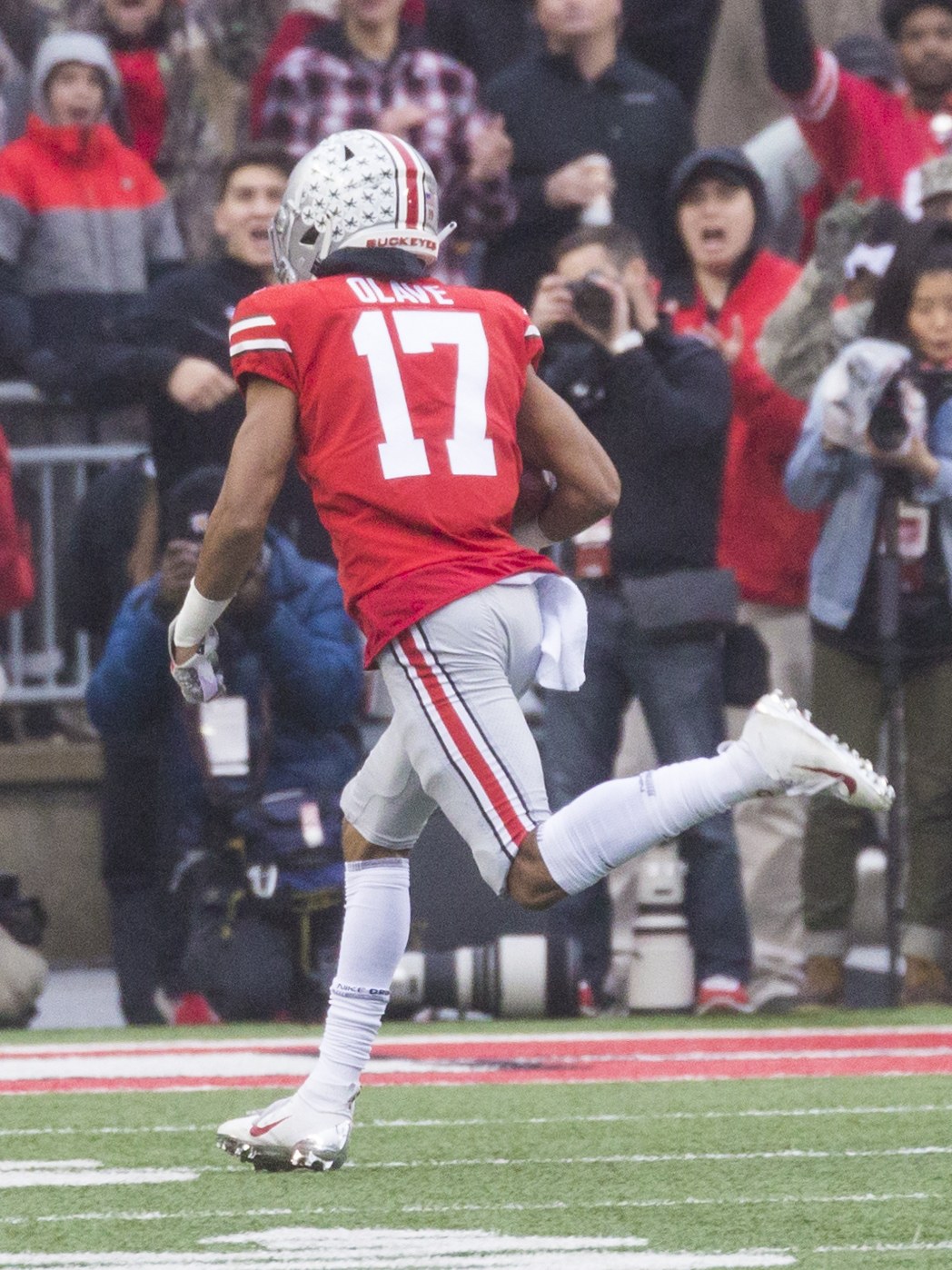Chris Olave in his Ohio State days, in November 2018. Olave paced the Saints in receiving yards on Sunday with four catches for 43 yards, and his 18-yard touchdown catch in the fourth quarter pushed the lead to 34-10. File photograph.