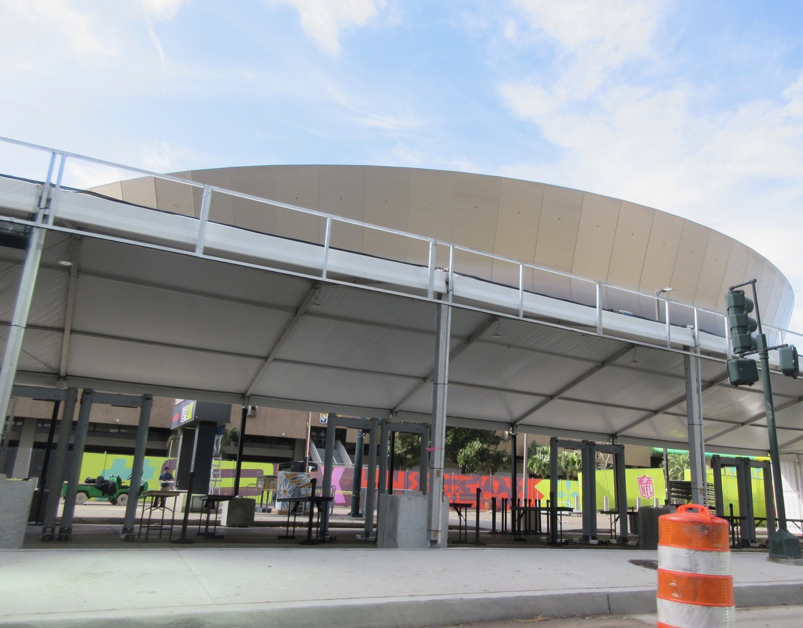 Security screening tents outside the Superdome on Poydras Street ahead of Super Bowl LIX in February 2025. The dome hosts the Saints' Week 5 date with Minnesota.