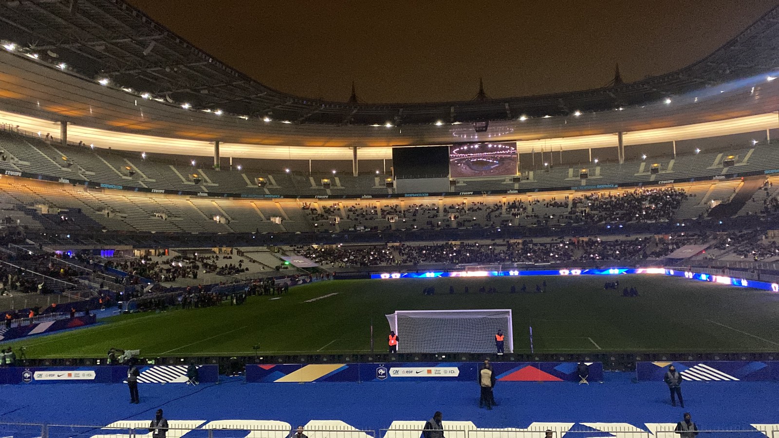 The Stade de France at night during a France soccer match in November 2024, configured for field sports. The Saints are the designated home team for the Oct. 25 game, with kickoff set for 8:30 a.m. Central, according to the Saints.