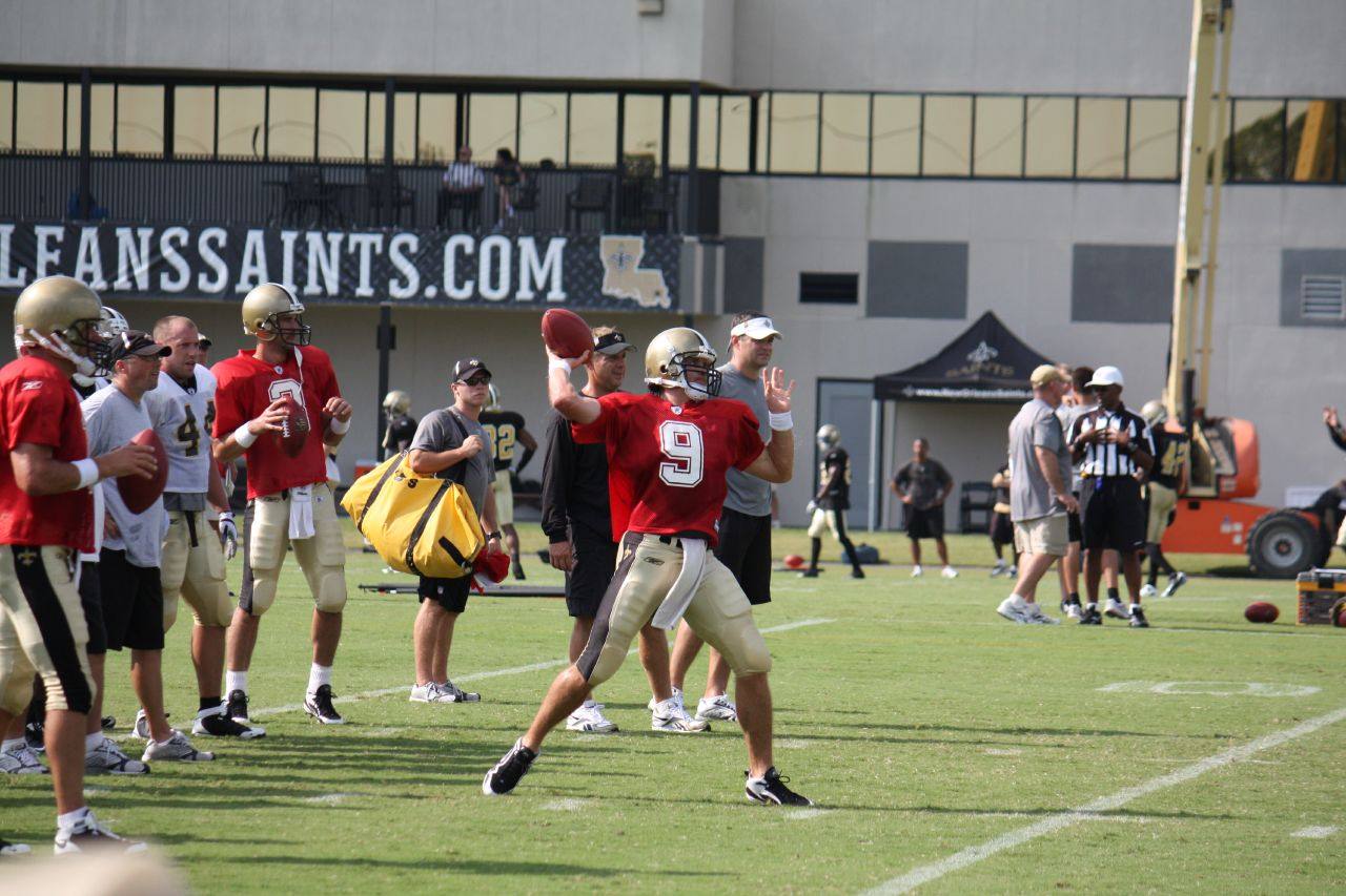 Drew Brees throws at Saints training camp in August 2009. File photo.